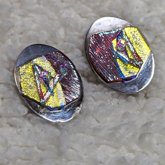 Vintage Sterling Silver and Dichroic Glass Accent Clip Earrings - Picture 4 of 8